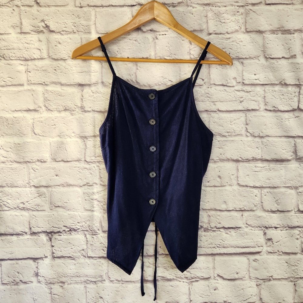 A New Day Linen Blend Button Front Tank Top Womens Sz Small Dark Blue - Picture 1 of 8